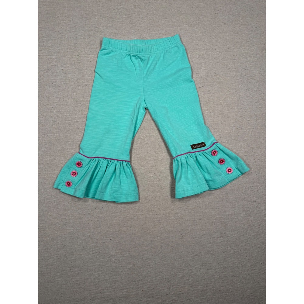Matilda Jane Girls Aqua Turquoise Ruffle Flare Pants Pink Buttons Size 6